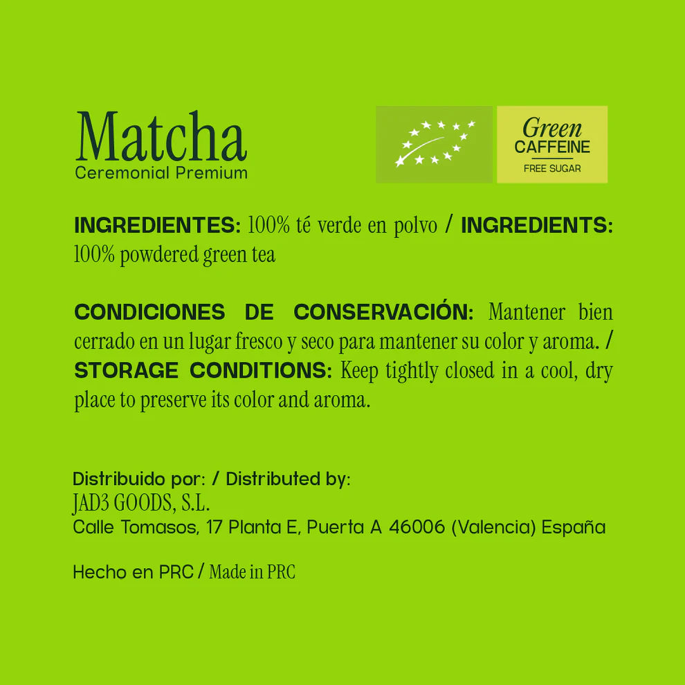 Imagen de la etiqueta trasera del Matcha Ceremonial Premium Kisori en presentación de 250 gramos, mostrando ingredientes 100% té verde en polvo y condiciones de conservación.