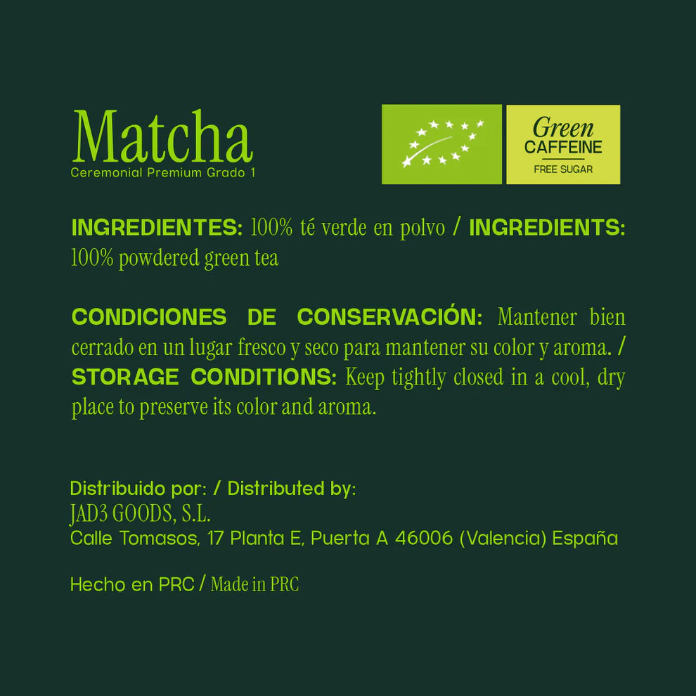 Detalle del Matcha Ceremonial Premium Grado 1 Kisōri: 100% té verde en polvo, condiciones de conservación y certificación Green Caffeine.