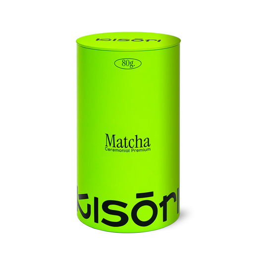 Lata de 80g de Matcha Ceremonial Premium Kisōri, té verde japonés en polvo de alta calidad.