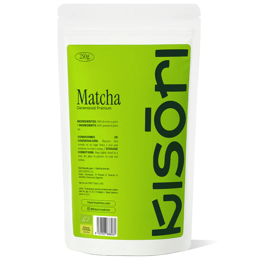 Bolsa de 250g de Matcha Ceremonial Premium Kisori, té verde en polvo de alta calidad.