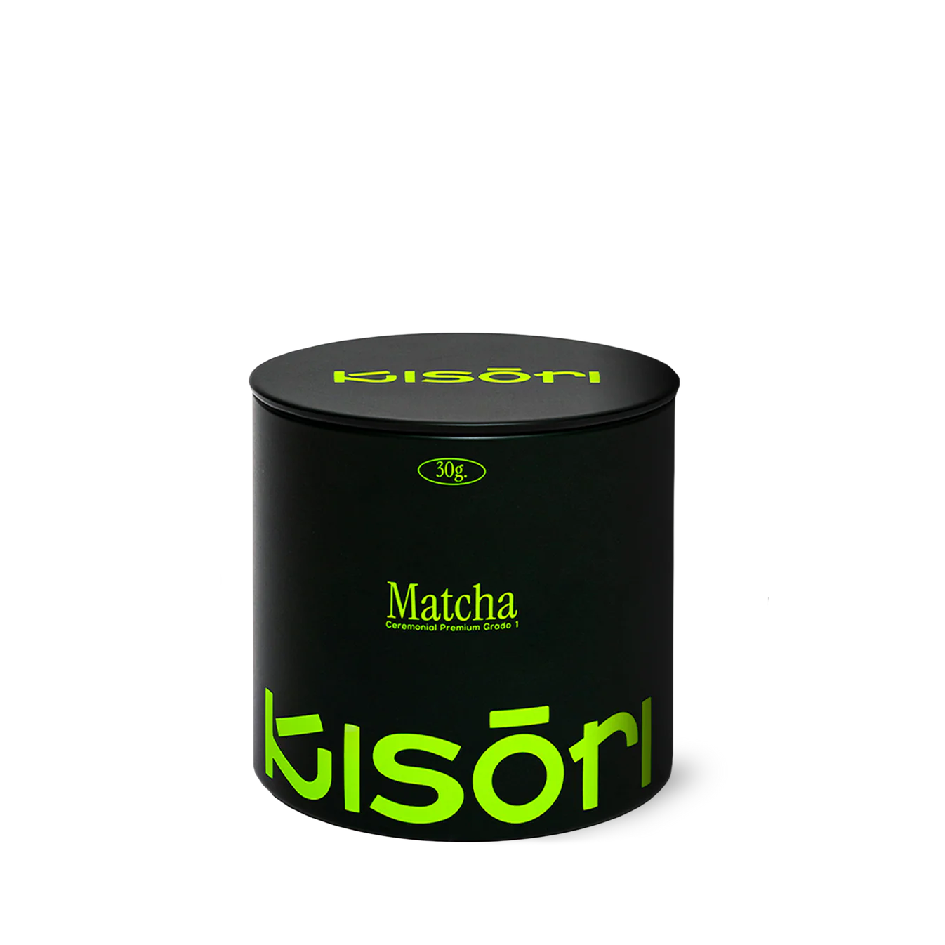 Matcha Ceremonial Premium Grado 1 Kisōri en presentación de 30g, lata negra con logo verde.