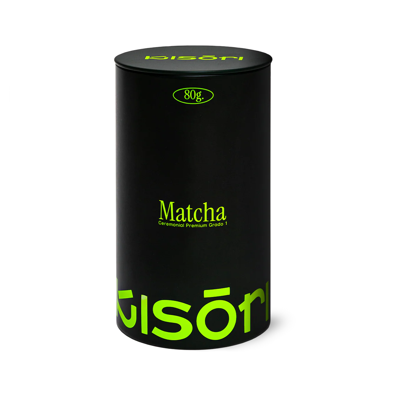 Matcha Ceremonial Premium Grado 1 Kisōri en presentación de 80g, lata negra con logo verde.