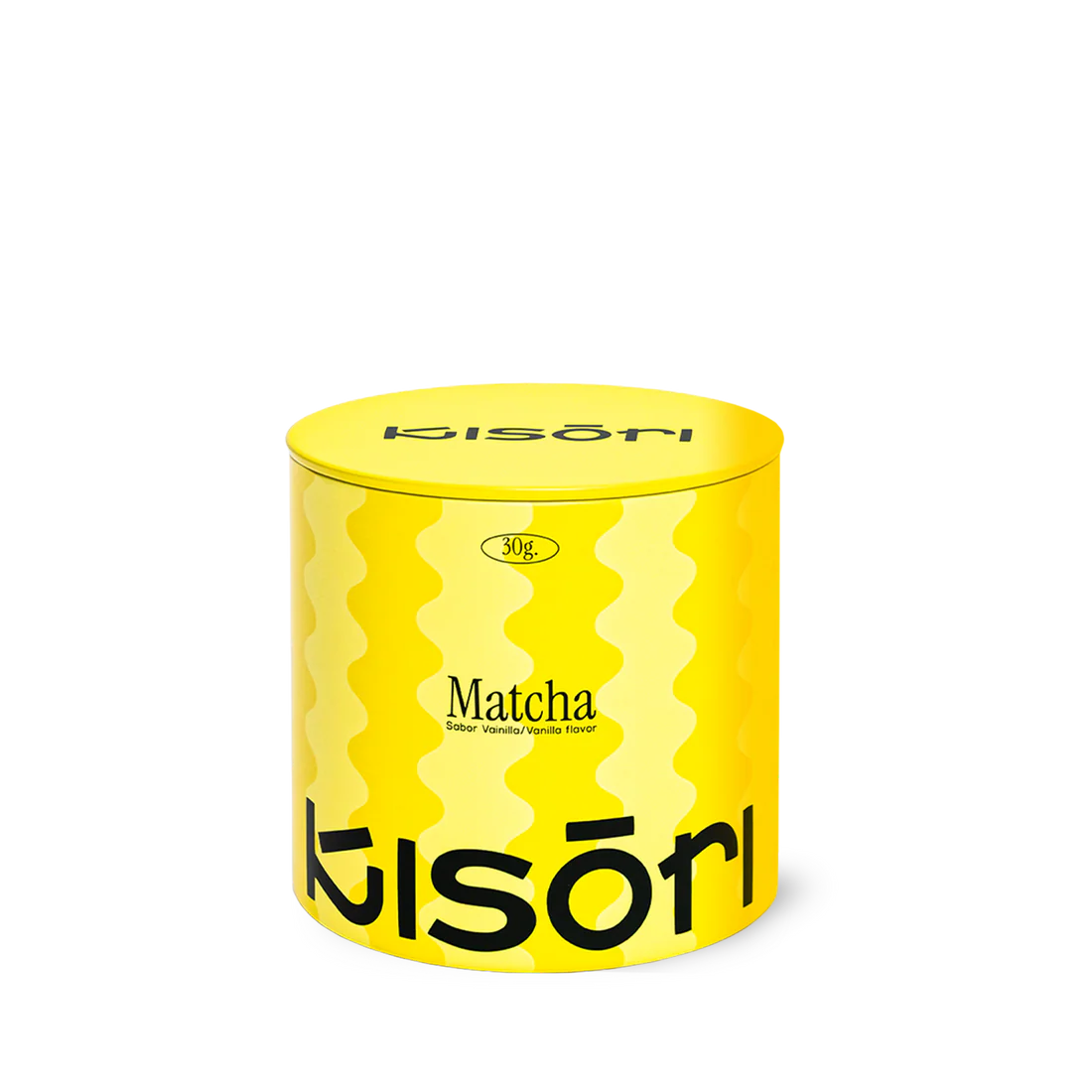 Imagen de la lata de 30g de Matcha Premium Kisori sabor vainilla, diseño amarillo con logo en negro.